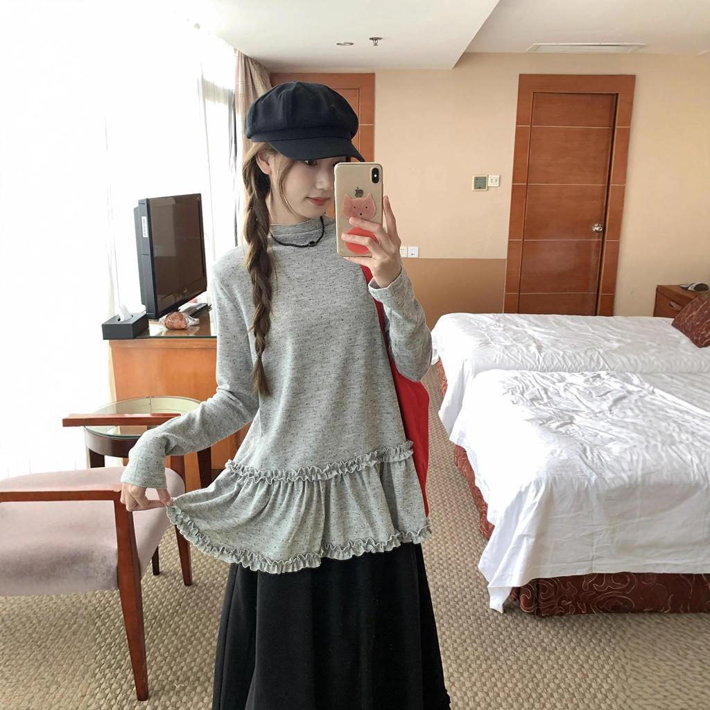 Korean High Neck Polka Dot Lace Patchwork Long Sleeve Top for Women - Autumn Winter Fashion