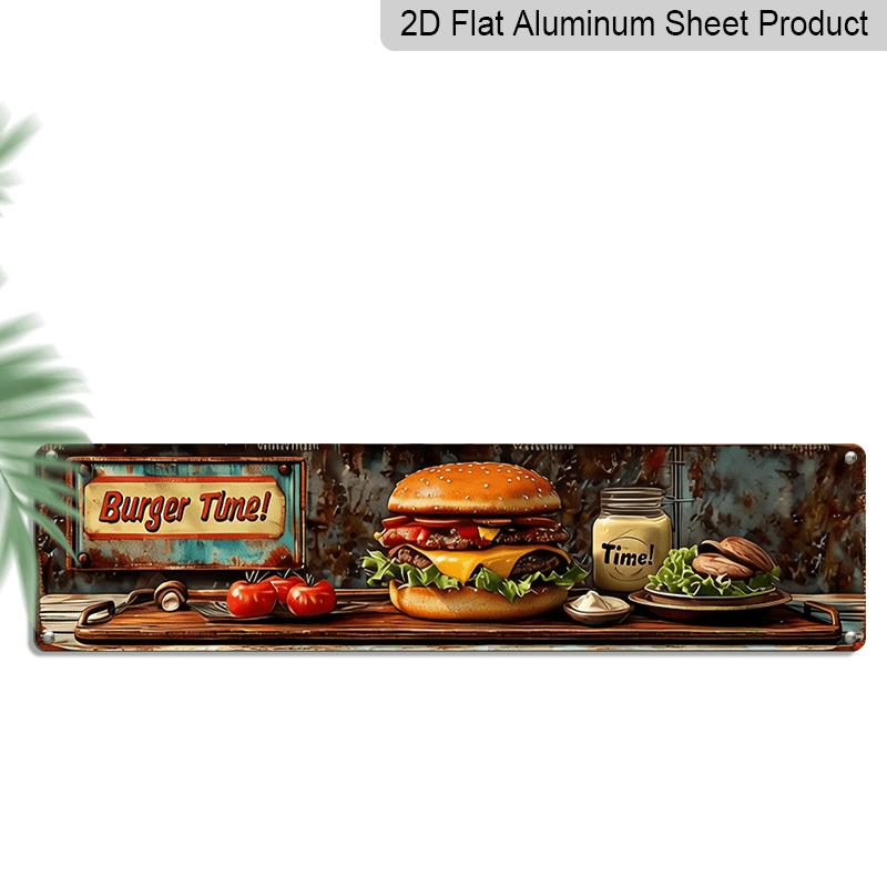 

2D Flat, 1pc Vintage Hamburger & Tomato Metal Wall Art Sign - Rustic Aluminum Retro Diner Decorative Sign with Burger Time! Design, 16 x4 Farmhouse 40cm x 10cm