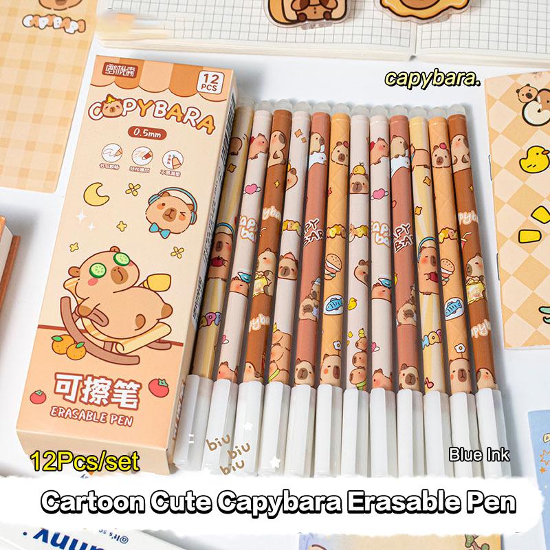 

12 шт. Мультяшная капибара панда гелевая ручка пишет плавно быстросохнущие синие стираемые ручки каваи студенческие канцелярские товары офисные принадлежности