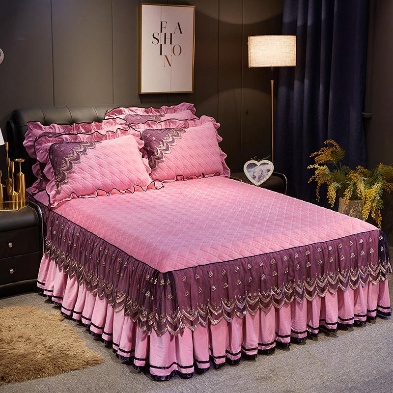European-style Crystal Velvet Quilted Bed Skirt Single Piece Autumn Winter Thickened Lace Bedspread Bed Cover Non-slip Sheets