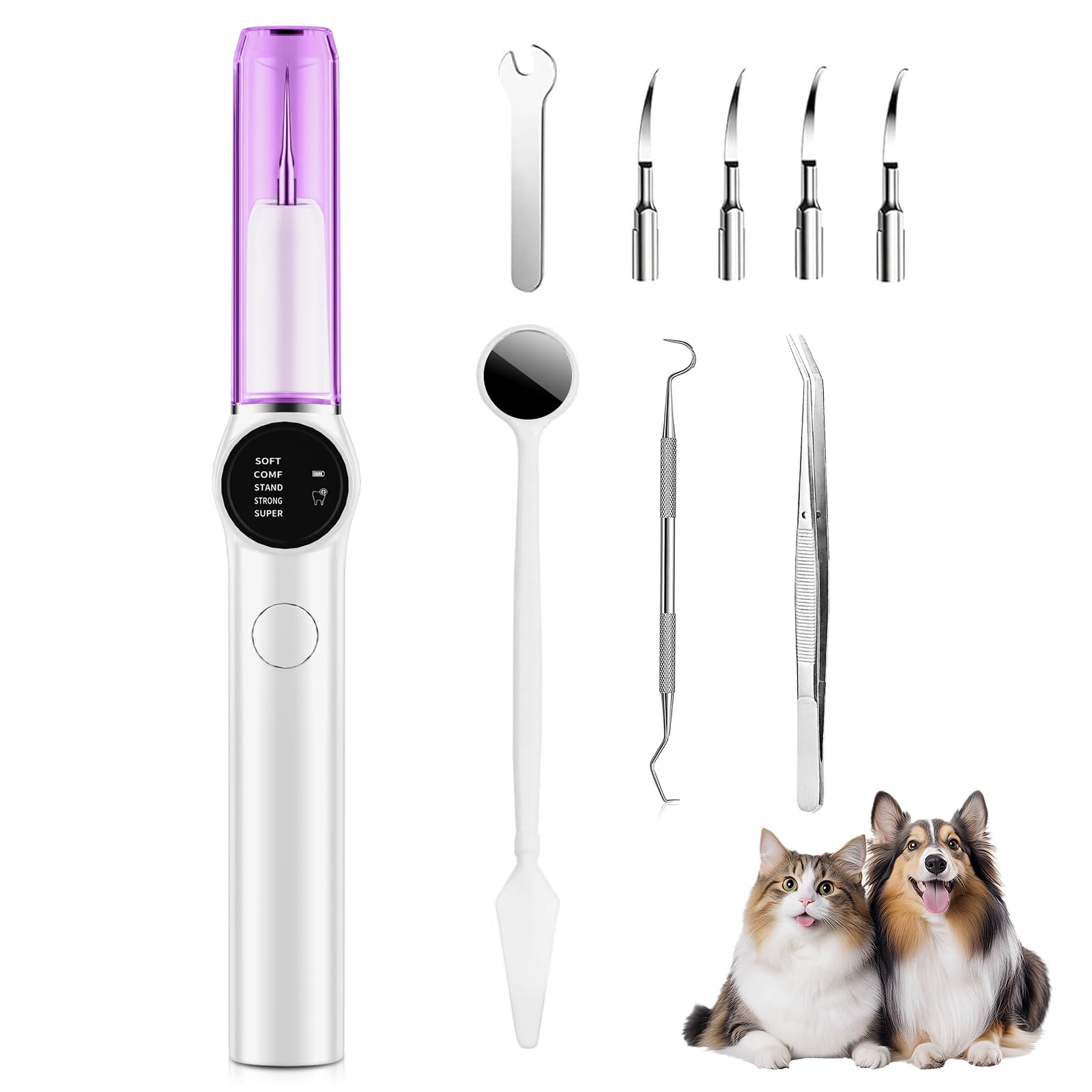

KPPK Ultrasonic Teeth Cleaner for Cats and USB 5 Adjustable LED Cleaning IPX6 Pet Toothbrush Dogs, Rechargeable, Settings, Built-in Lighting, Kit,