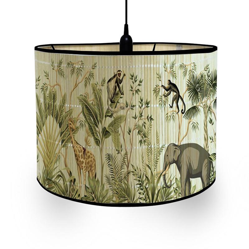 Nordic Green Plant Painting Bamboo Lampshade Abstract Retro Style Light Cover Chandelier Room Hotel Decor Bamboo Art Light Shade