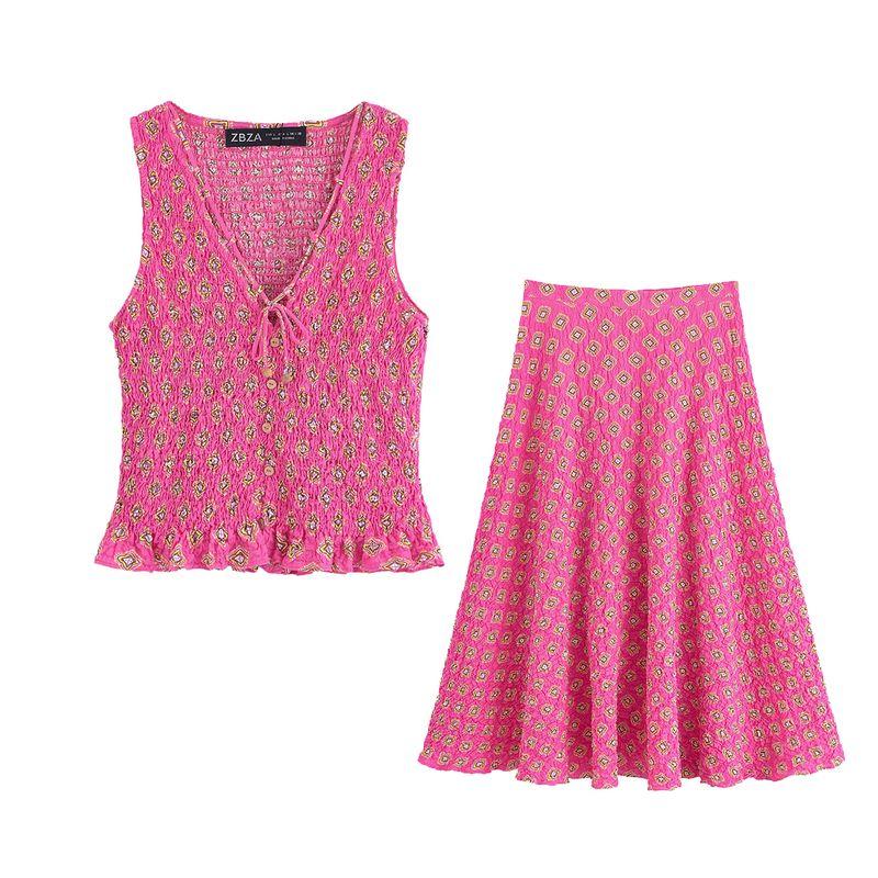 Kaslead New Women clothes Western Style Fashion V-neck Sleeveless Top Skirt 8486505 8497505