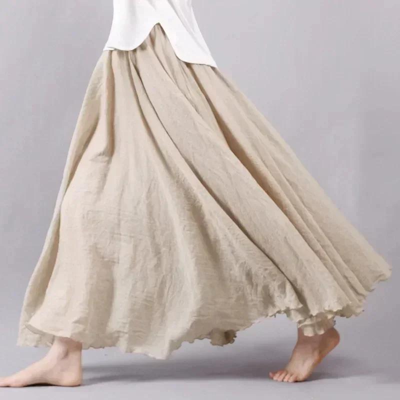 Women's Skirt Linen Cotton Blend Elastic Waist Long Pleated Maxi, Vintage Summer Casual Skirt