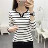 Autumn Korean Womens Slim Stripe V Neck Long Sleeve Tee Base Layer Dropshipping