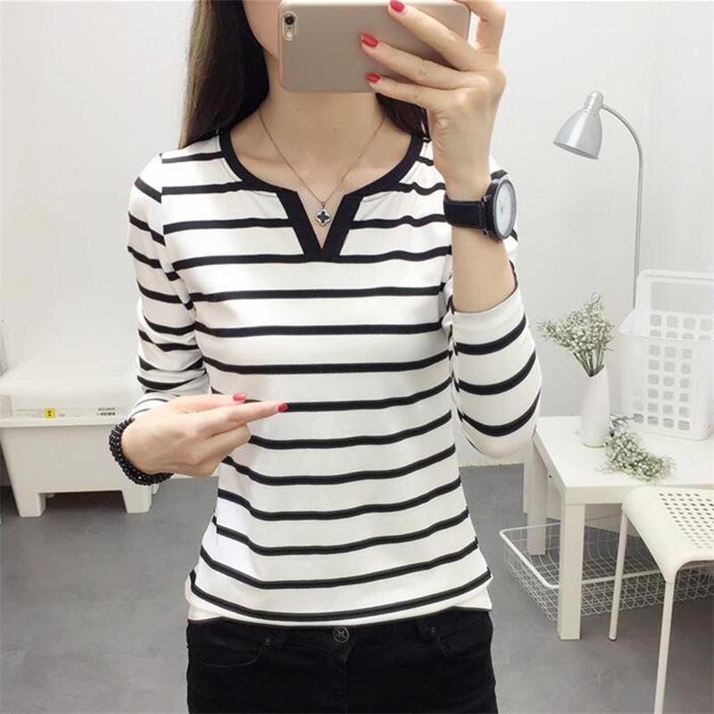 Autumn Korean Womens Slim Stripe V Neck Long Sleeve Tee Base Layer Dropshipping