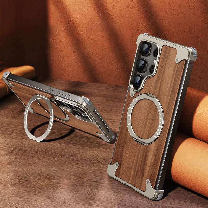 Eary Wooden Phone Case for Samsung Galaxy S26 S25 Ultra With Magnetic Stand 360°Rotatable Frameless Shockproof Protective Cover