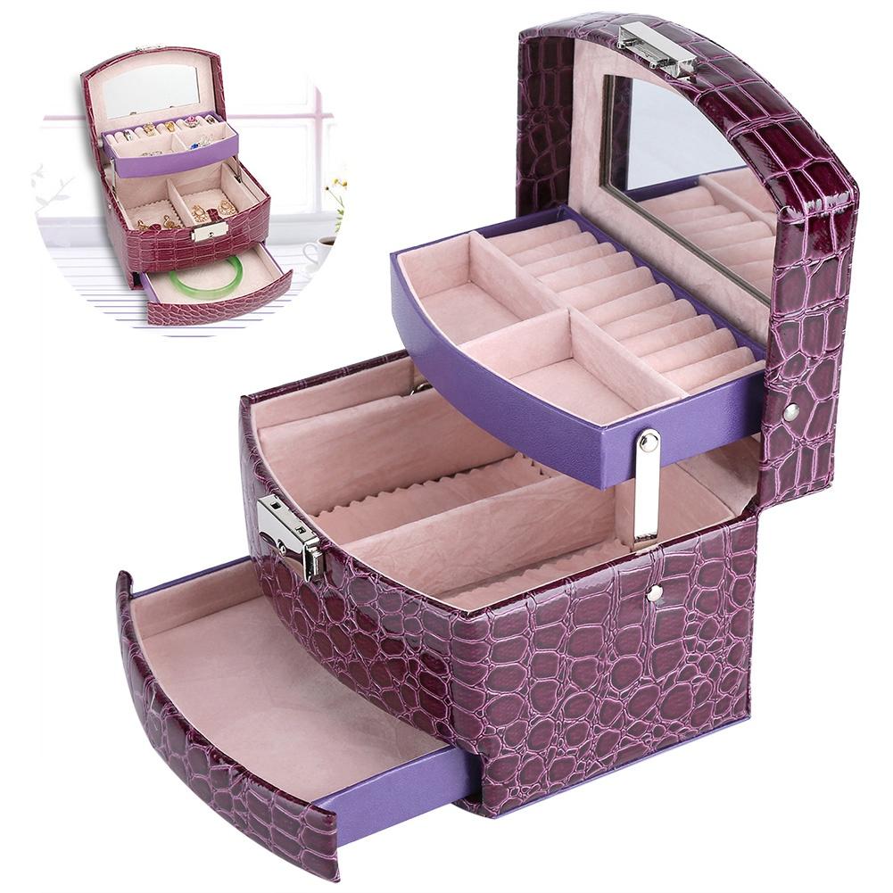 Portable Jewelry Box Storage Multi Layer Organizer Case Ring Earring Necklace Mirror Purple