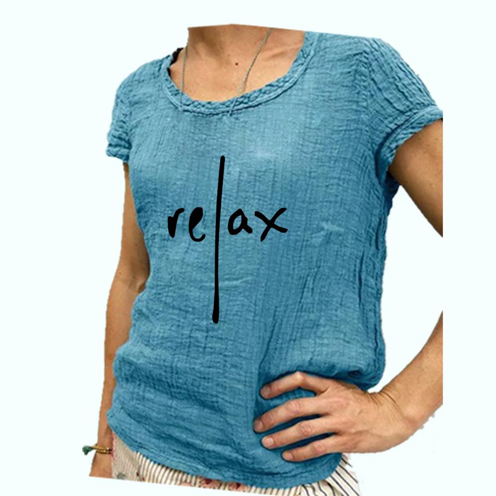 

Женская мода с коротким рукавом, хлопковая льняная футболка, круглая горловина, блузка с принтом XXXXL озеро синий