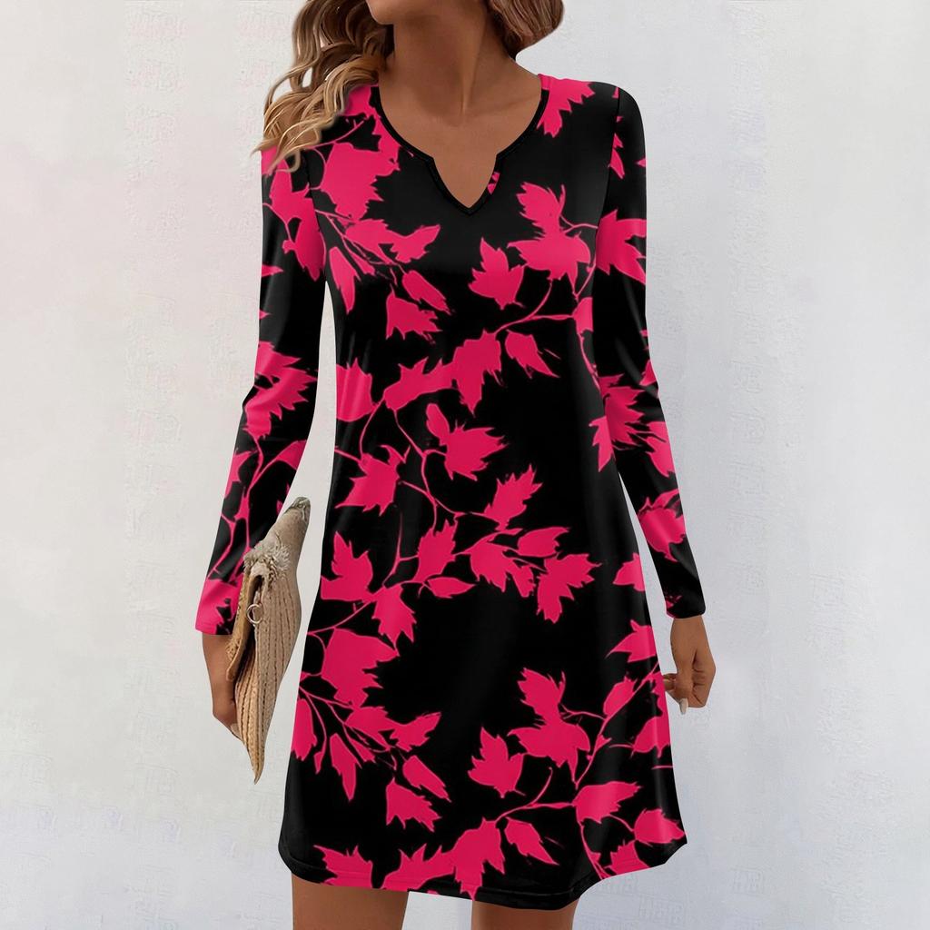 Women's Long-sleeved Casual Midi Dresses V-Neck Print  Casual Dress