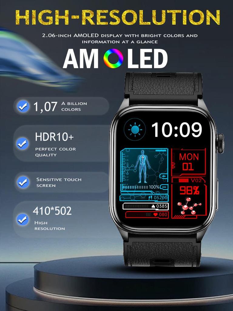 SACOSDING Monitorowanie zdrowia SmartWatch EKG + PPG Ciśnienie krwi W pełni owinięty Poduszka powietrzna Ciśnienie 2,06-calowy ekran Amoled Tętno SmartWatch