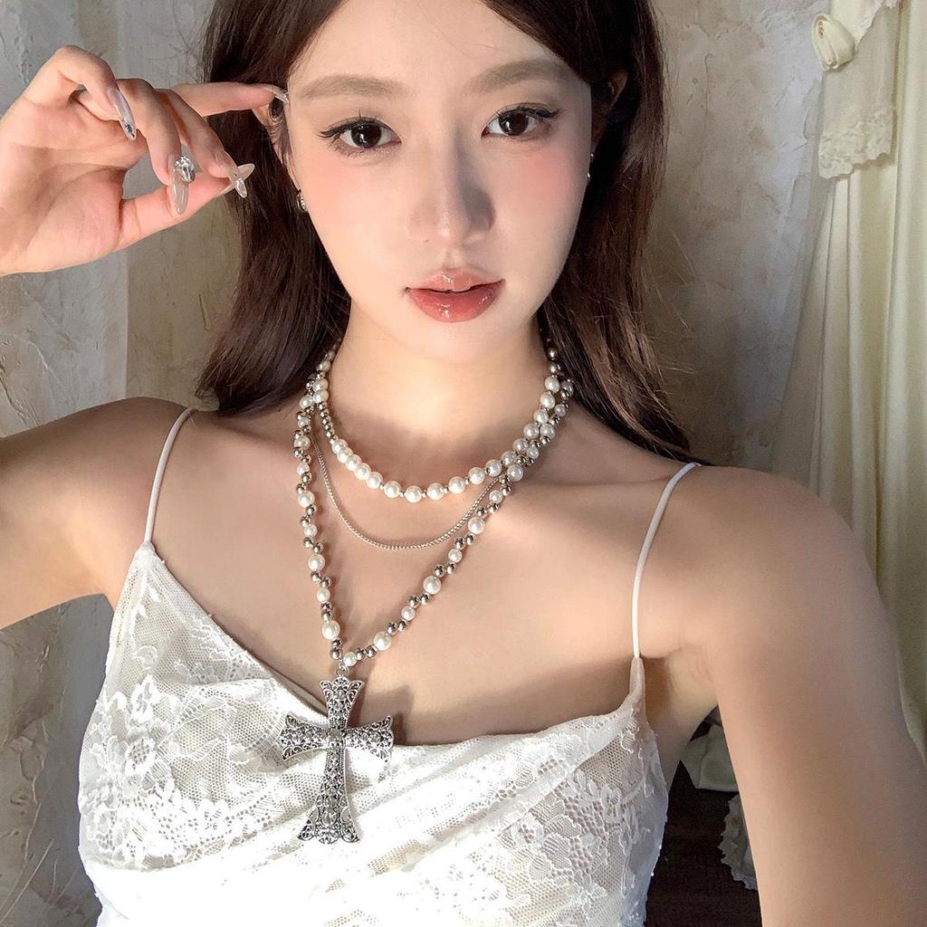 Französische Strass Kreuz Mehrschichtige Anhänger Halskette – Süßer, Cooler, Würziger Stil Schlüsselbeinkette, Einzigartiges Nischen-Design für Frauen