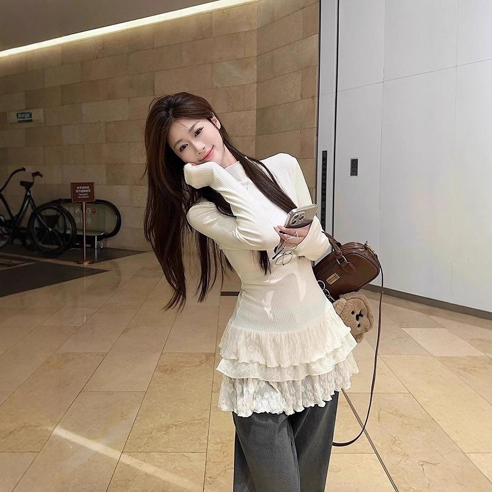 Semi-turtleneck Fungus Edge Lace Bottoming Shirt Women's Top Autumn and Winter New Polished Fleece Long Inner Sleeve Chic Hem