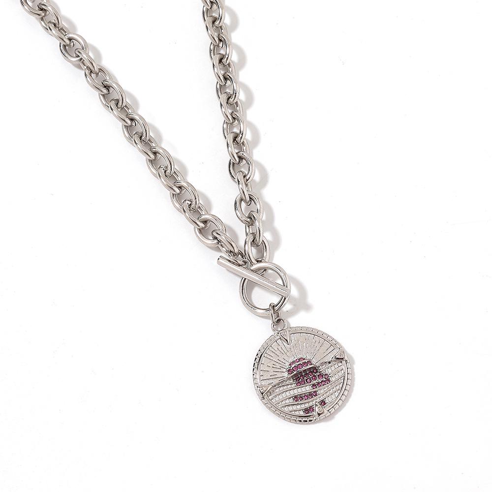 18K Gold-Plated Stainless Steel Necklace with OT Buckle and Round Pendant Featuring Colorful Zirconia