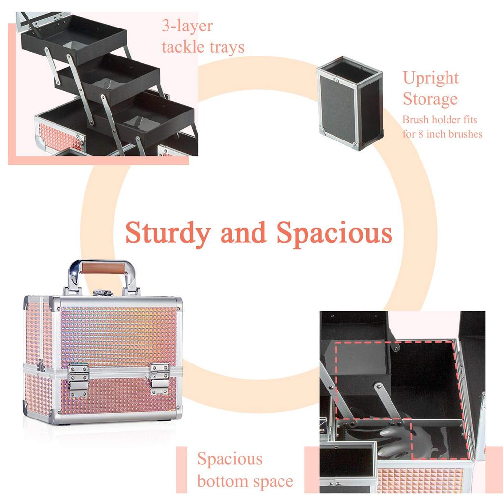 Diamond Pattern Three-layer Foldable Multifunctional Makeup Box with Mirror,Large Travel Cosmetics Case