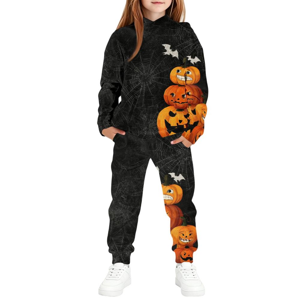 Kids Hooded Halloween Print Outfit Set with Pockets for Costume Party