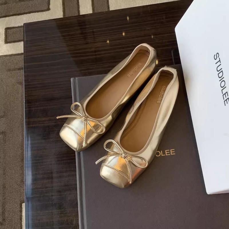 Sheepskin version~ Splicing square head with one pedal bow single shoes women's flat leather ballet shoes