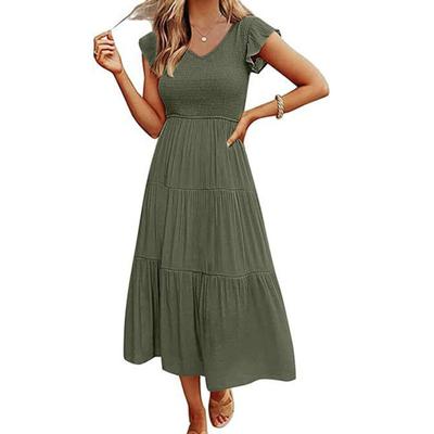 Women Dress Elastic Bust Pleated A-line Patchwork Hem Short Flying Sleeves V Neck Solid Color Mid-calf Length Beach Daily Commute Midi Dress