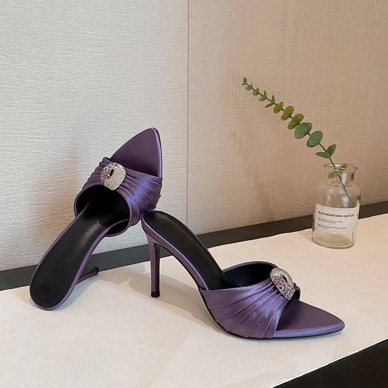 

2025 summer new pointed satin rhinestone metal buckle pleated cool slippers thin heel wear open-toed high heels women 40