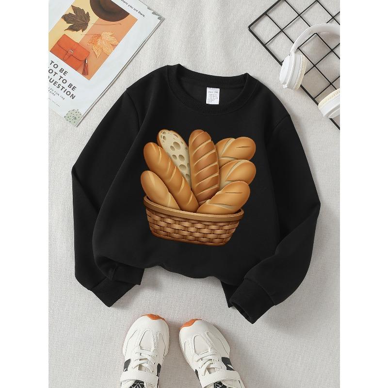 Kids Crewneck Sweatshirt, Basket Bread Loaf Graphic Print,Spring Autumn Casual Sport Tops