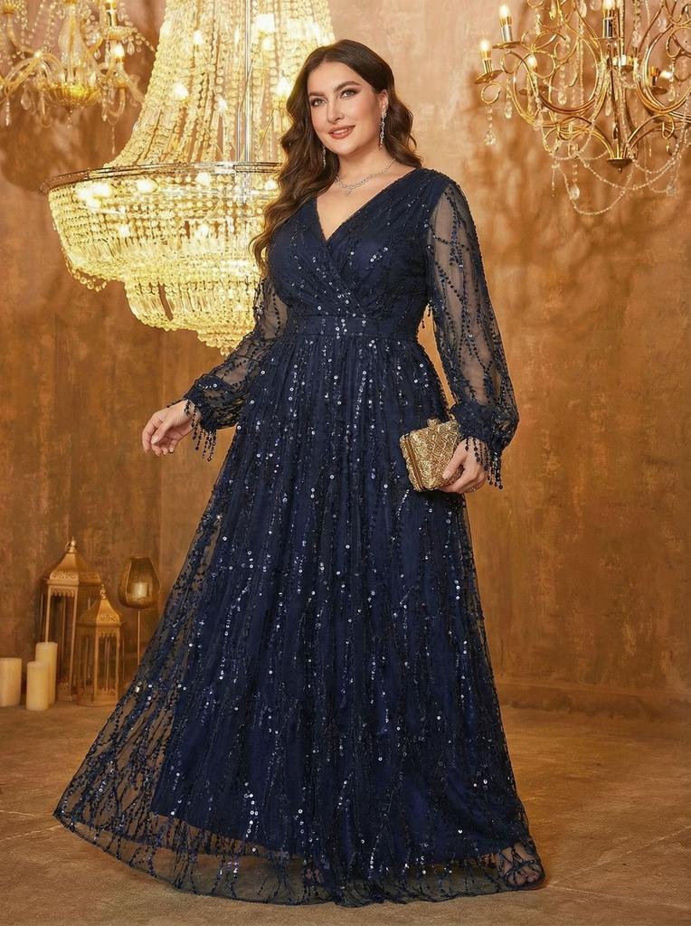 Plus Size Womens Elegant Sequined Bridesmaid Dress V-Neck Long Sleeve Slit Fitted Temperament Wedding Party Dress