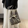 Korean Double Sided Leopard Print Bucket Shoulder Bag , Stylish Leopard Print Handbag for Women, Fashion Bow Large Capacity Crossbody Bag