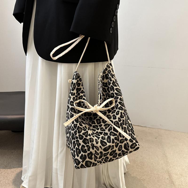 Korean Double Sided Leopard Print Bucket Shoulder Bag , Stylish Leopard Print Handbag for Women, Fashion Bow Large Capacity Crossbody Bag