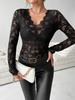 Women's V-neck Lace T-shirt Scalloped Collar Single-layer Solid Color Long-sleeved Slim Versatile Fashion Top