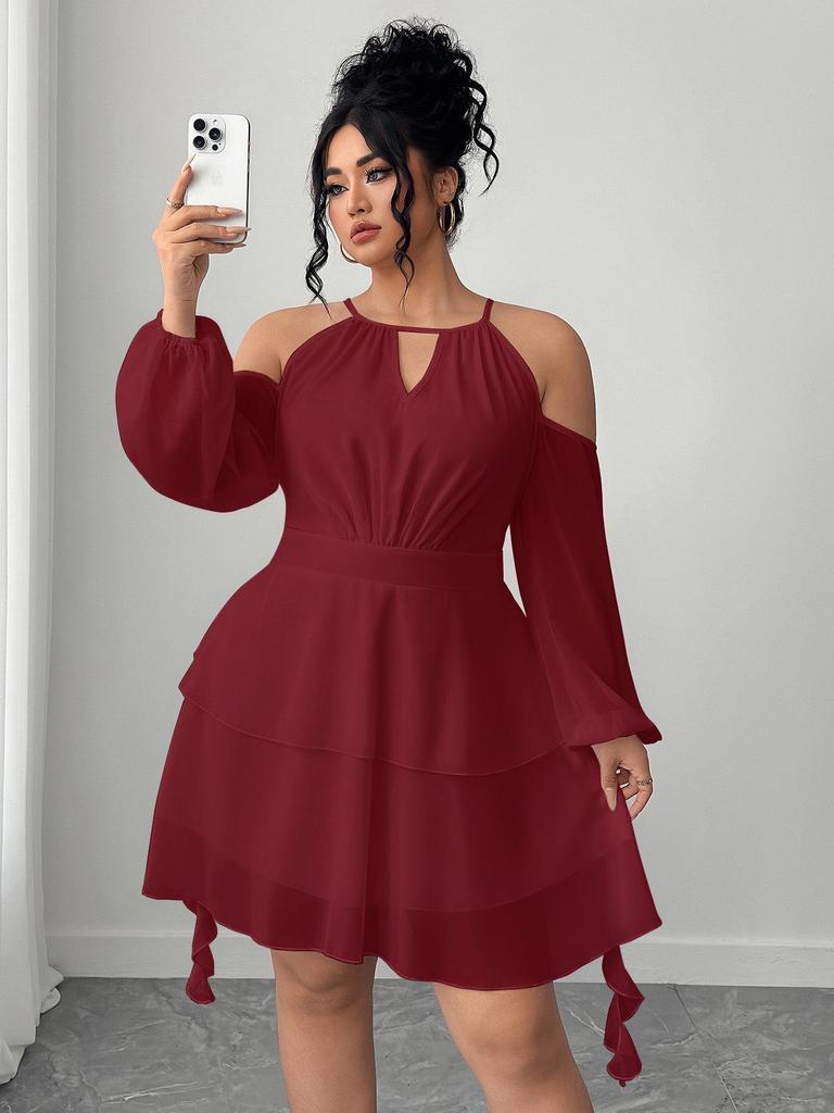 European & American Plus Size Off-the-Shoulder Ruffle Dress with Sweetheart Neckline and Lantern Sleeves