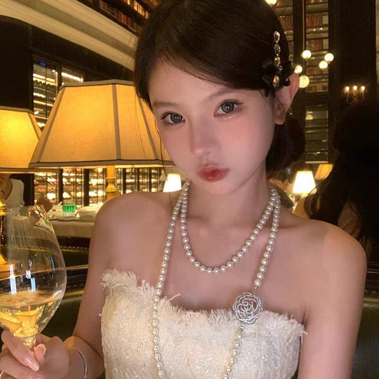 Camellia flower pearl stackable belt necklace 2026 new popular neck chain fashion temperament long sweater chain women