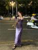 French Purple Floral Spaghetti Strap Dress - Women's Summer 2024 Waist-Hugging Long Tea Dress
