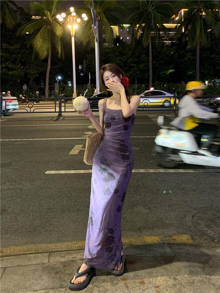 French Purple Floral Spaghetti Strap Dress - Women's Summer 2024 Waist-Hugging Long Tea Dress