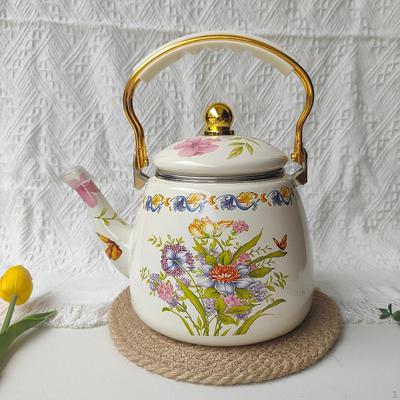 Enamel Tea Kettle, Water Boiling 3.3L Comfortable Grip Floral Teapot for