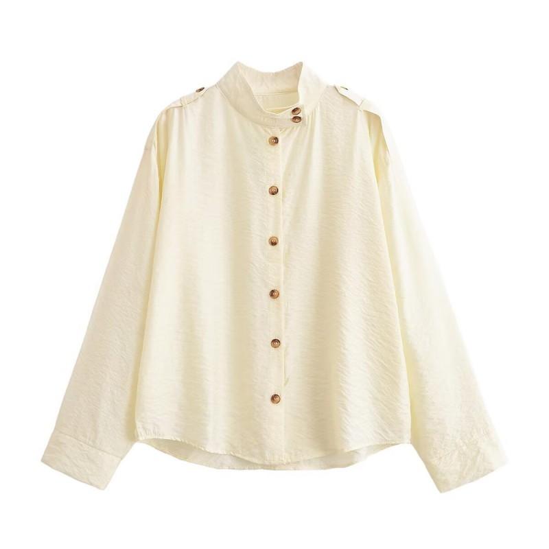 Womens Loose Fit Stand Collar Shirt 2026 Casual Long Sleeve Top Pure Color High Stretch