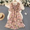 Tea Break French Vintage Dress Square Neck Flared Sleeve Tie Waist Women's Temperament Swing Long Dresses