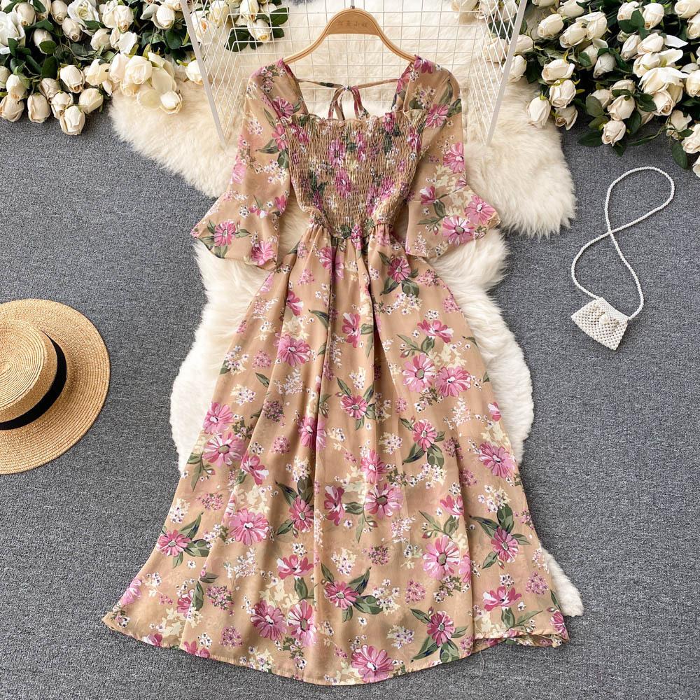 Tea Break French Vintage Dress Square Neck Flared Sleeve Tie Waist Women's Temperament Swing Long Dresses