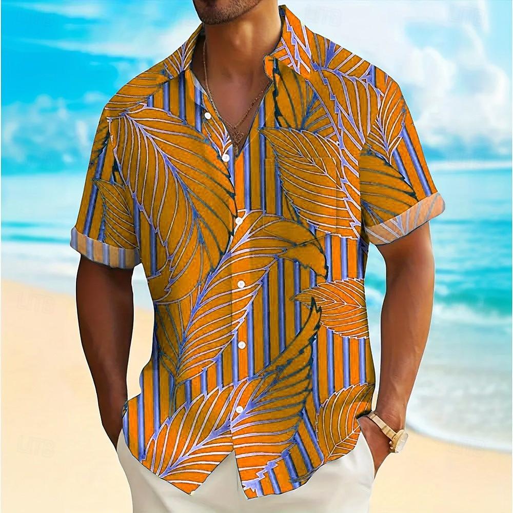 Fashion Men Hawaiian Shirt  Gold Leaf Patterns Short Sleeve Shirts for Men Beach Vacations Summer Parties Oversized Men Clothing
