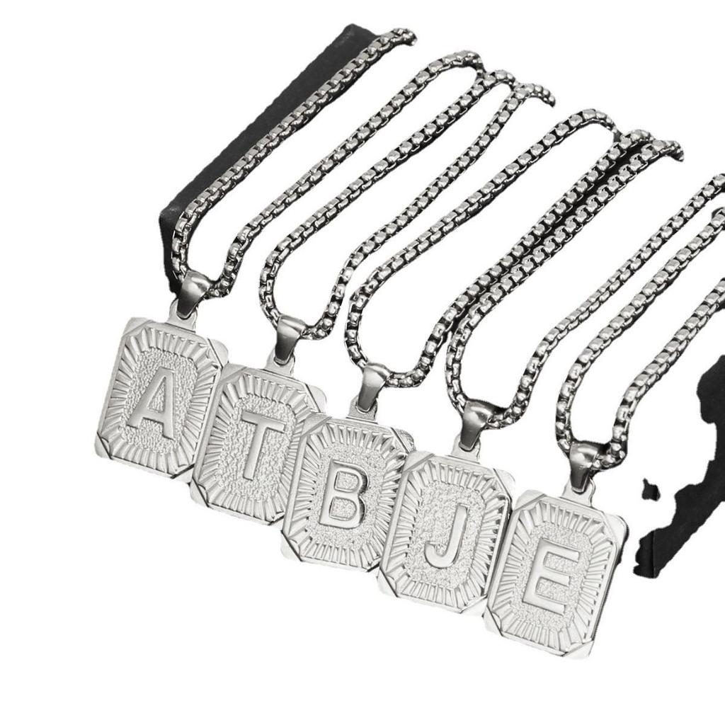 Trendy Titanium Steel Square Pendant Choker Necklace with 26 English Letters for Couples