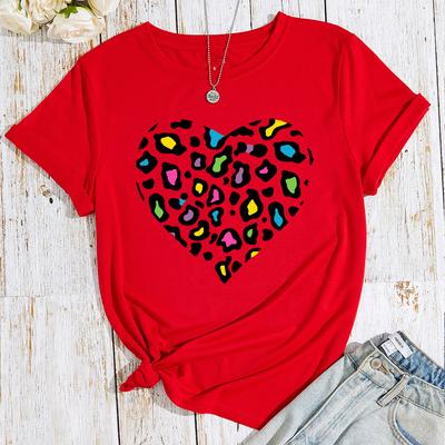 Hjärta Leopardmönster Bomulls T-shirt Kortärmad Rund Halsringning Dam 2D Tryck Toppar