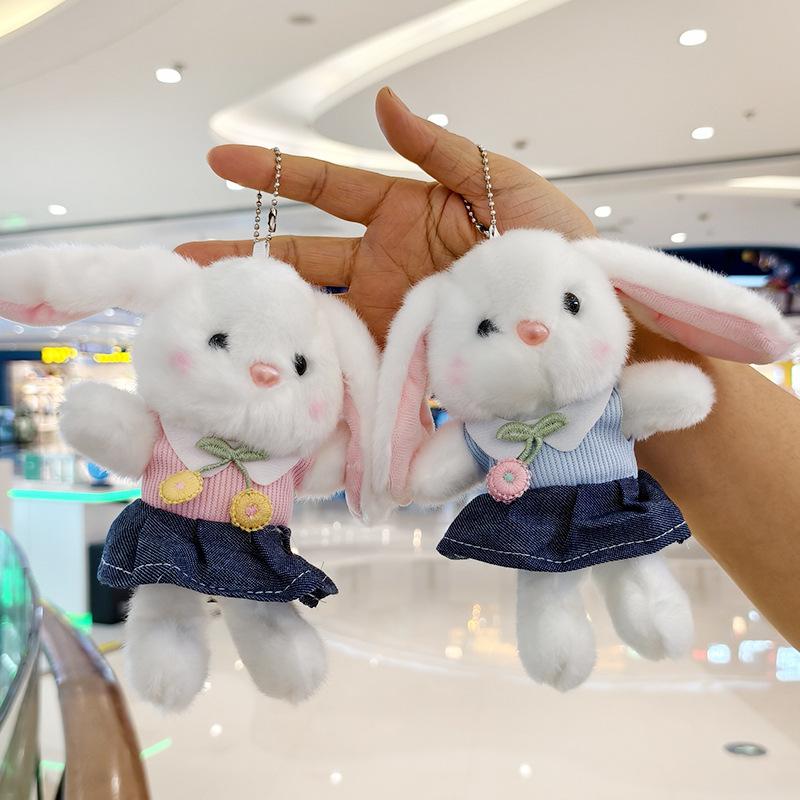 Cute Denim Plush Rabbit Doll Keychain Cartoon Bunny Bag Charm Pendant Claw Machine Prize