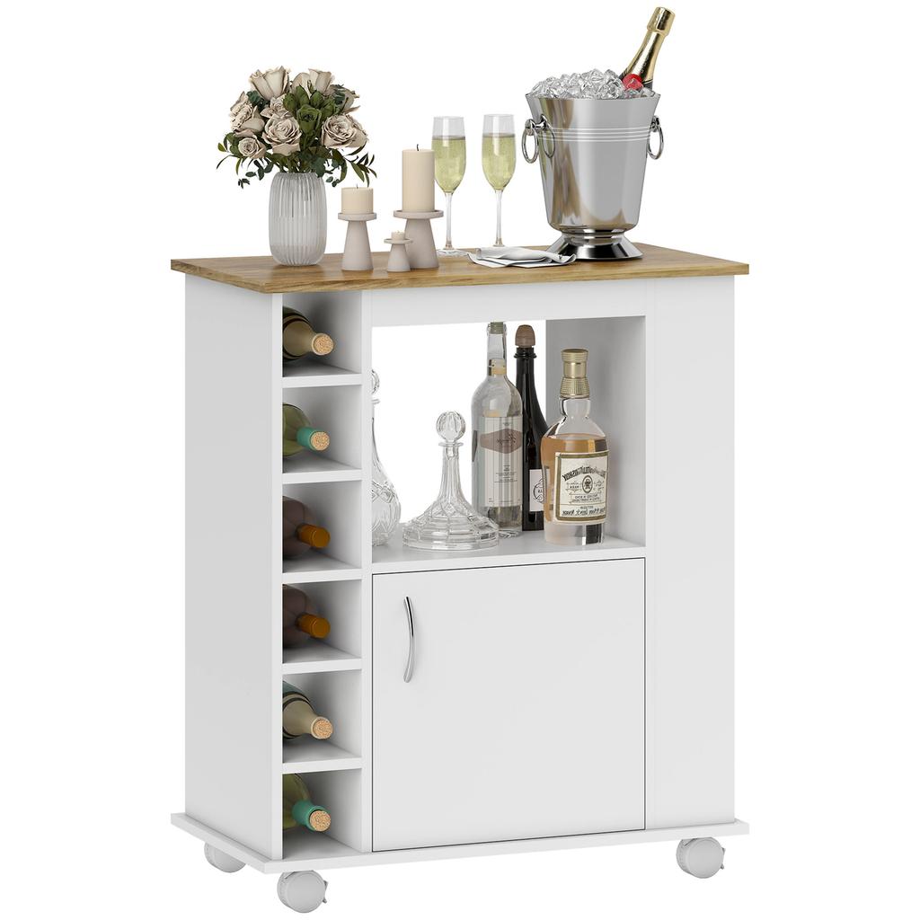 Kitchen Cart with Cabinet and Adjustable Shelves, Swivel Wheels and Brake, 75x39.5x88 cm, White