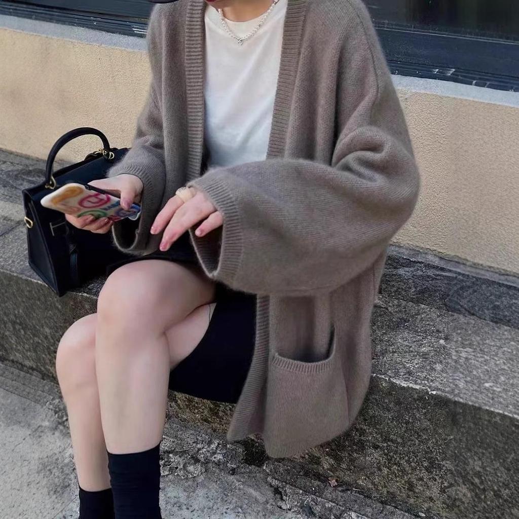 Women's Mid-Length Plus Size Wool Cardigan - Versatile Loose Knit Sweater Coat