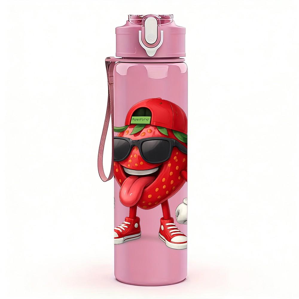 1PC Cool Strawberry Character Cartoon 750ml Color Plastic Sports Water Bottle Leakproof Flip Straw Lid Suitable for Sports Office Home Use