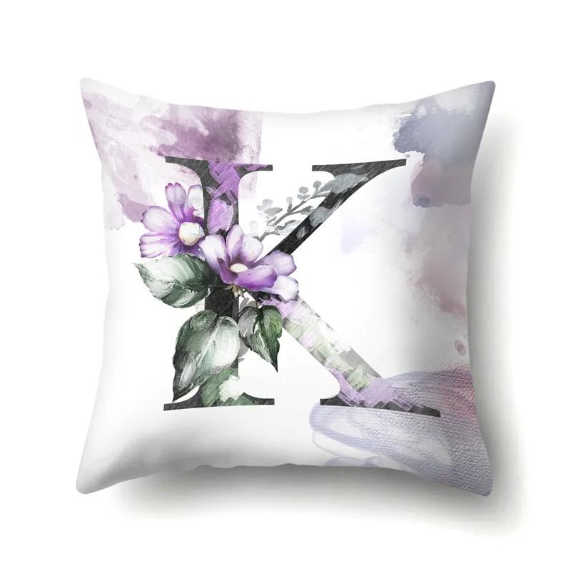 Decorative 26 Letters Polyester Pillow Case For Sofa Alphabet Flowers Printed Cushion Cover Case Home Decor Almofada 45X45Cm