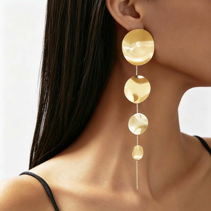 Exaggerated Metal Round Long Tassel Drop Earrings for Women Vintage Gold Color Circular Geometric Dangle Earrings Jewelry Gifts