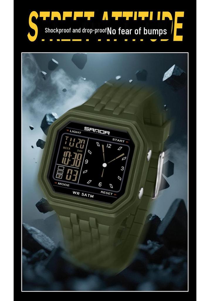 Sanda Creative Square Multifunctional Dual Display Student Watch - Countdown, Alarm, Waterproof, Trendy Electronic Timepiece.