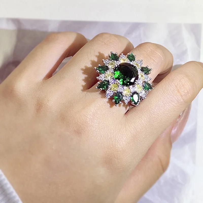 Luxury Inlaid Pave Emerald Rings Engagement Green Zircon Women  Sterling Silver Ring Large Square Stone Crystal Valentine