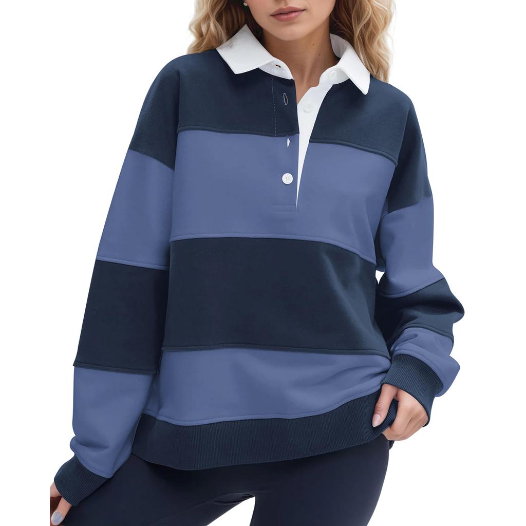 Women's Stylish Casual Loose Fit Long Sleeve Pullover Sweatshirt with Zipper and Collar