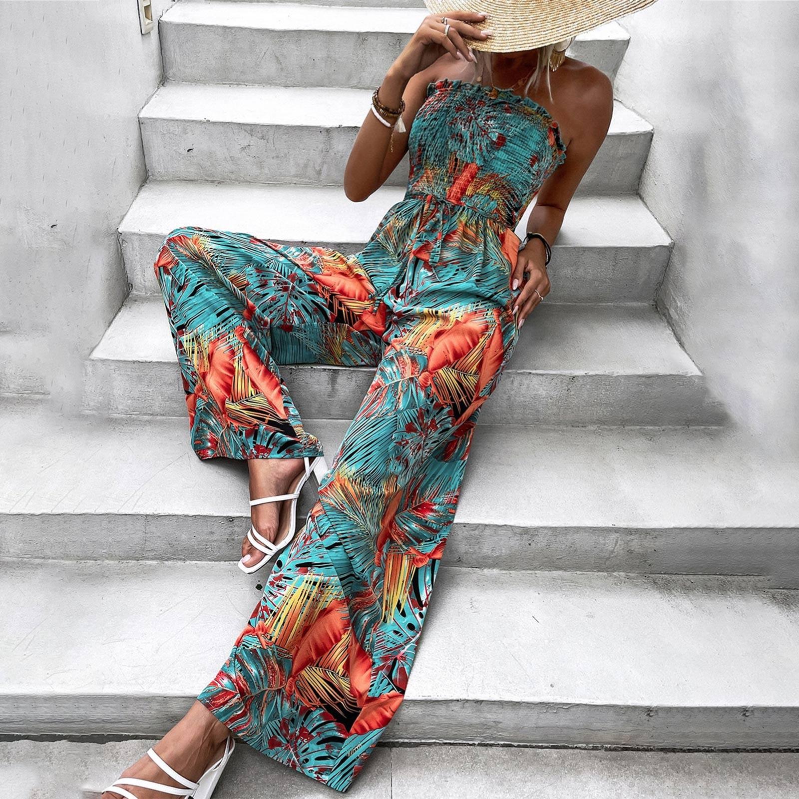 

Летние сексуальные бохо-листья принт комбинезоны женские новые без рукавов сексуальный длинный комбинезон Mujer повседневные праздничные пляжные комбинезоны XL синий