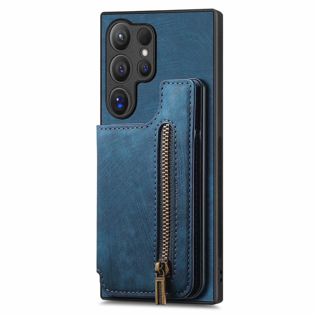 D15 For Samsung Galaxy S24 Ultra Case Card Slot Leather+TPU Zipper Kickstand Retro Phone Cover